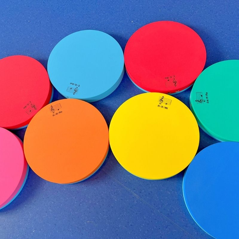 TFH Musical Stepping Notes set of 8 colour-coded acoustic stepping pads shown from above on blue background, displaying note names and staff notation
