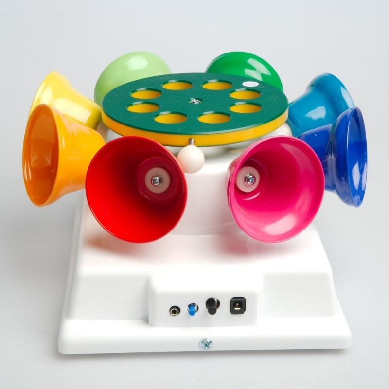 TFH Rainbow Carousel Bells Adapted Reward showing all 8 precision-tuned coloured bells in carousel formation, a switch-compatible auditory sensory toy for OT and sensory rooms