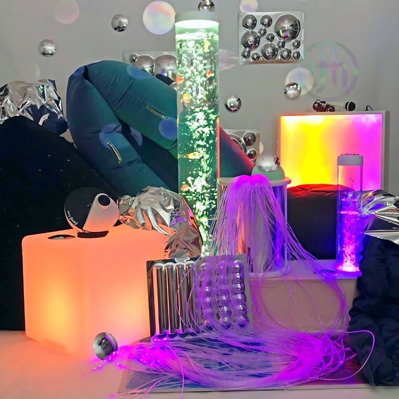 TFH Sensory Room Kit Immersive Package on grey background showing all 20 multi-sensory room components including fibre optic carpet and mirror panels