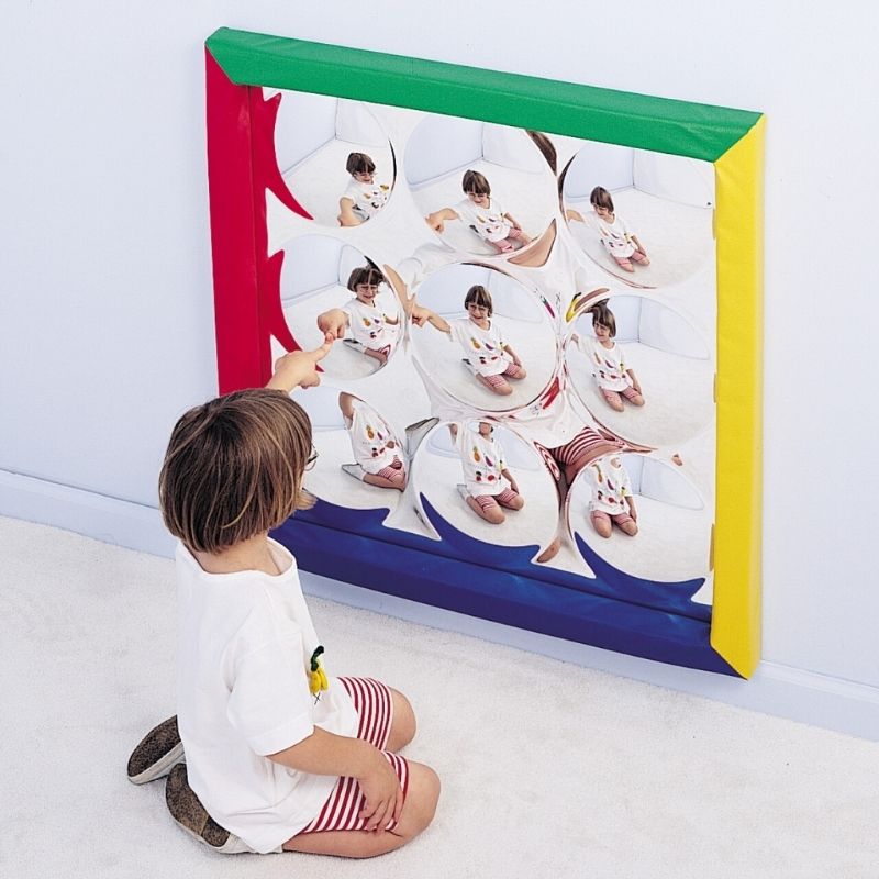 TFH Soft Frame Bubble Mirror with child exploring distorted convex reflections, a 34-inch 9-bubble acrylic sensory room mirror for visual stimulation and spatial awareness development