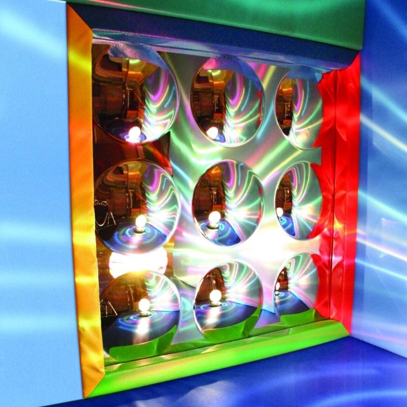 TFH Soft Frame Bubble Mirror landscape view showing the full 34-inch square panel with nine convex acrylic bubble dimples in a colourful soft frame for sensory room and classroom use