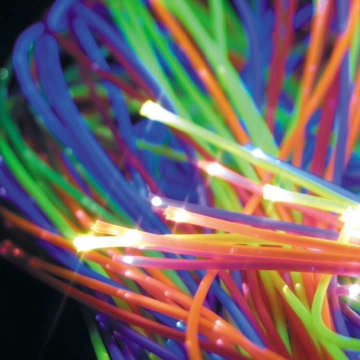 Detail view of TFH UV Fibre Optic Tails glowing under UV light, showing the vivid colour of individual fibre optic strands for visual sensory stimulation