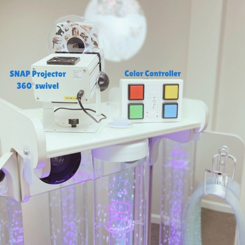 TFH Mobile Sensory Cart Deluxe Opti Solar 80 FX projector and 4-Button Colour Controller showing full visual control system for multi-sensory sessions