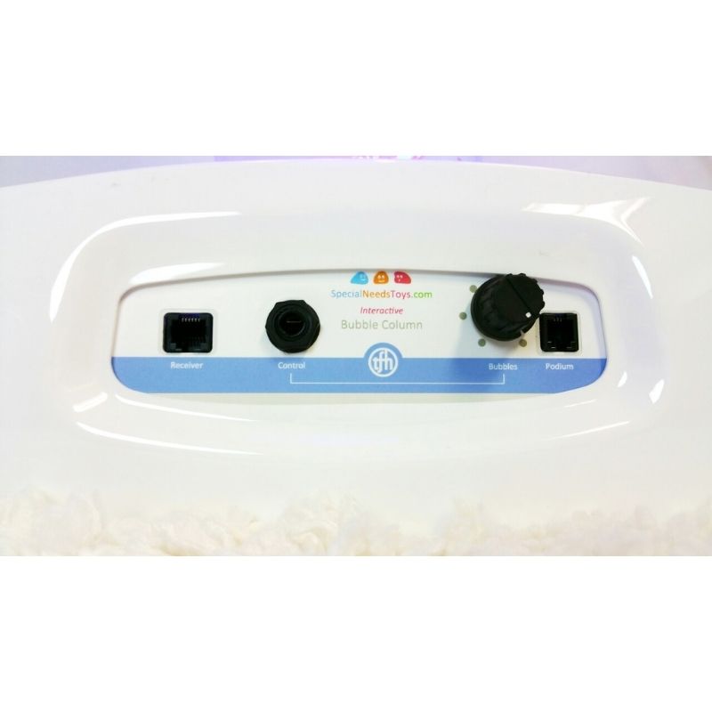 TFH Interactive Waterless Hurricane Tube with the wired 4-button colour controller shown, demonstrating the hands-on colour selection feature of the waterless sensory bubble tube
