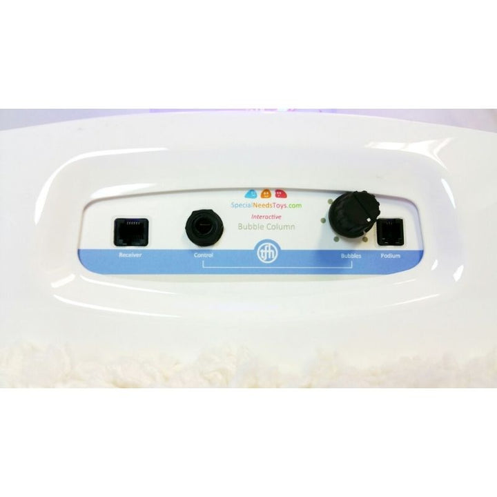 TFH Interactive Waterless Hurricane Tube with the wired 4-button colour controller shown, demonstrating the hands-on colour selection feature of the waterless sensory bubble tube