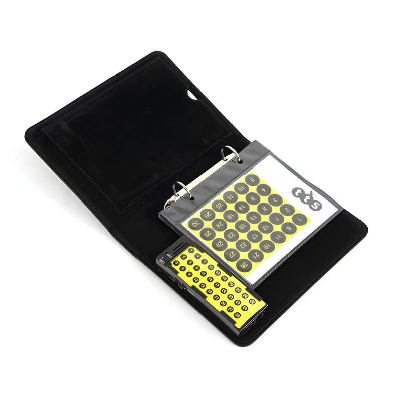 TTS A5 Talking Photo Album open flat showing the ring binder interior, clear page wallet for inserting photos and drawings, and the 30-button recordable unit, a speaking and listening resource for classrooms and therapy