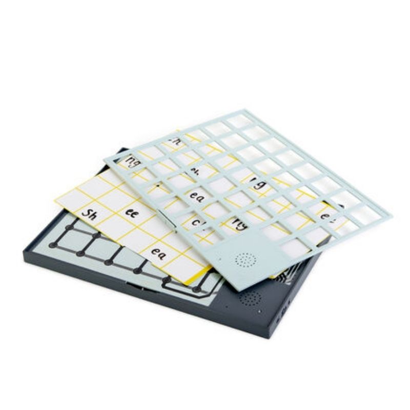 TTS A3 Chatter Board Pro with components separated to show the interchangeable tile insert system, including the overlay frame and custom paper inserts for phonics, numeracy, and cross-curricular recording activities