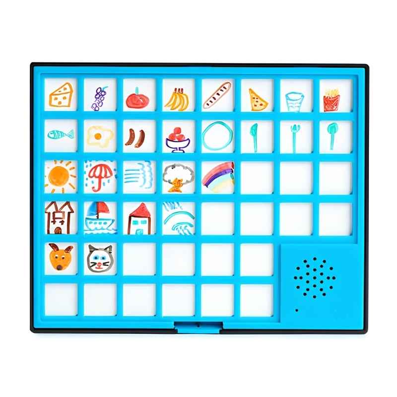 TTS Chatter Board Pro front view showing 44 dry-wipe recording tiles loaded with picture symbol inserts, a rechargeable communication board for speaking, listening, and language support in classrooms