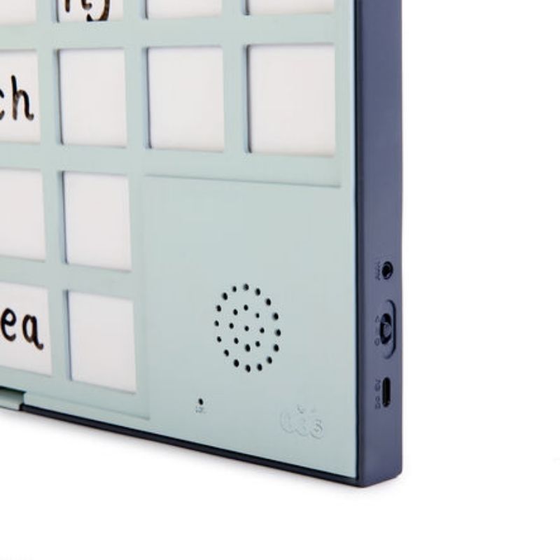Side profile of the TTS A3 Chatter Board Pro showing the headphone socket, power switch, and USB-C charging port, supporting rechargeable classroom use