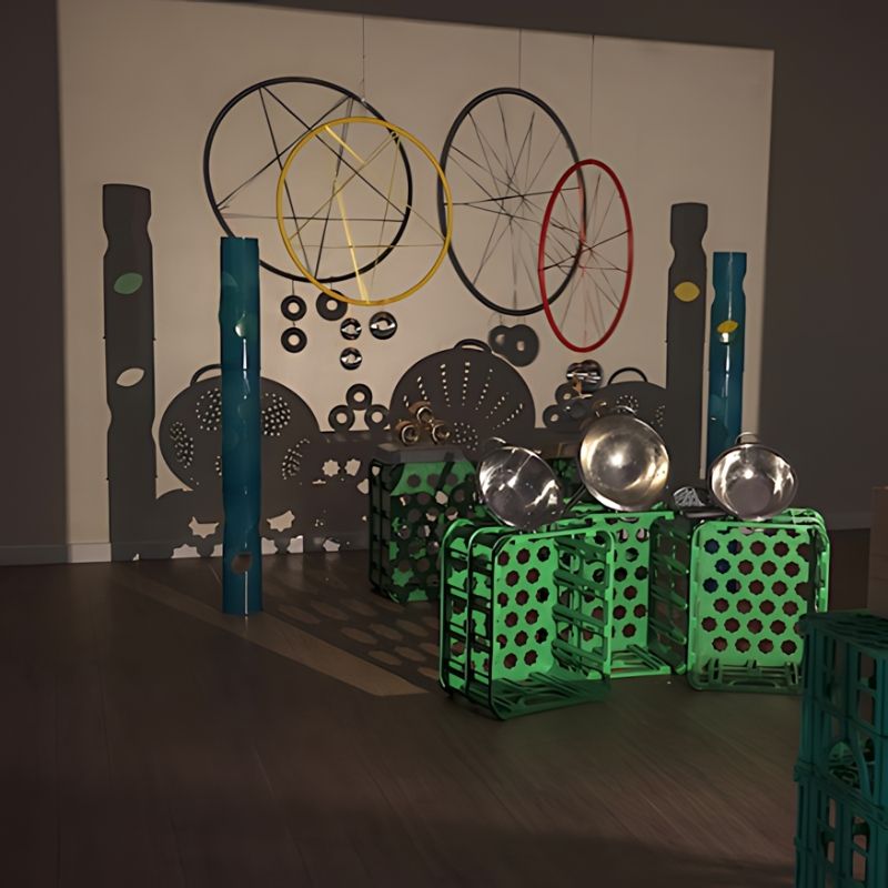 TTS Early Years Projector projecting dramatic geometric shadows from bicycle wheels and metallic objects onto a white wall, showing the projector's versatility for sensory-rich and creative learning environments