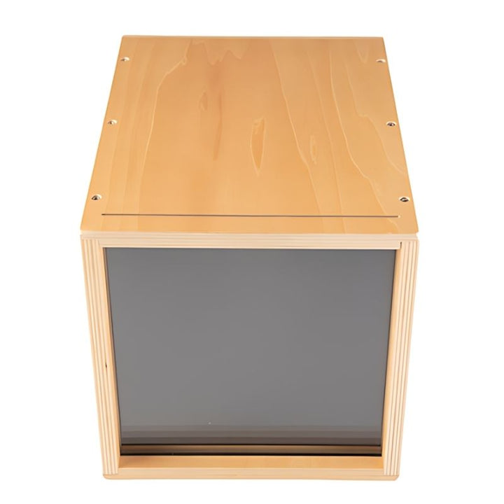 Top view of the TTS Early Years Projector showing durable natural wood construction and clear safety panels, designed for independent use by children aged 3 and up