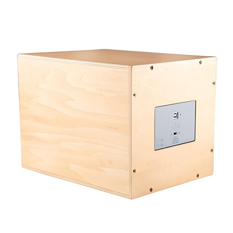 Rear view of the TTS Early Years Projector showing natural wood construction and integrated USB charging port, a rechargeable and wire-free educational projector for early years settings