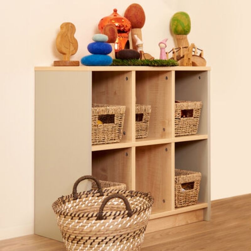 TTS Elements Sage Toddler Cube Storage Unit styled with baskets, showing cube storage organization for daycare and early years classroom settings