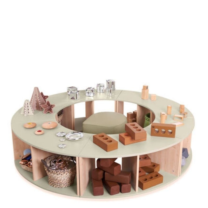 TTS Elements Sage Toddler Low Curved Storage Unit arranged in a full circle configuration for early years classroom use