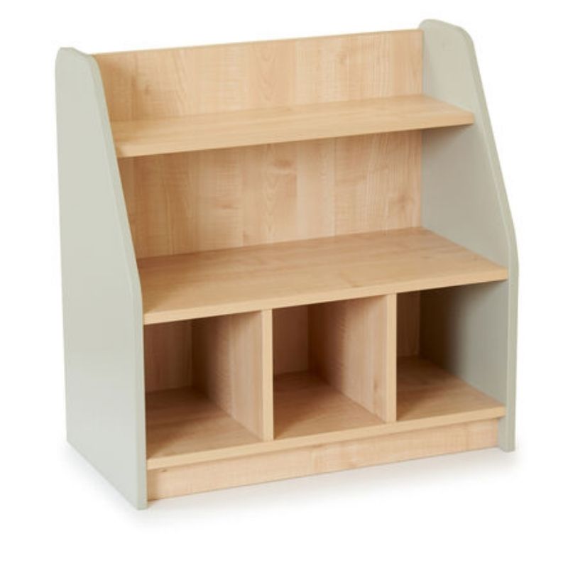 TTS Elements toddler shelving unit showing three shelves and lower compartments, ideal height for independent toddler access in daycare and classroom settings