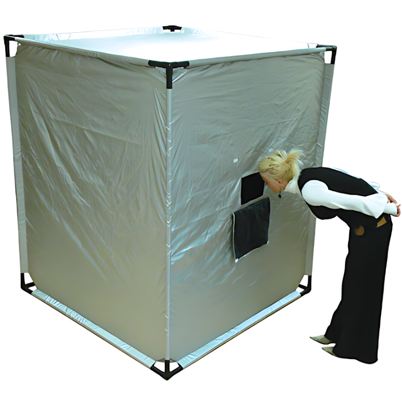 TTS Giant Sensory Dark Den assembled in classroom setting, a portable blackout sensory room for light exploration and sensory play