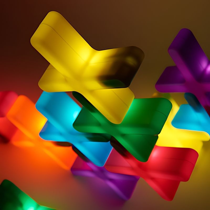 Close-up of TTS Glow Crosses tessellating and interconnecting in a glowing multi-colour arrangement, showing the unique cross shape that supports loose parts and construction play