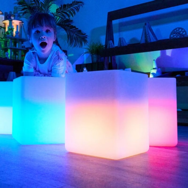 TTS Messy Play Glow Cubes showing colour-changing LED illumination, set of 4 rechargeable waterproof cubes for early years sensory exploration
