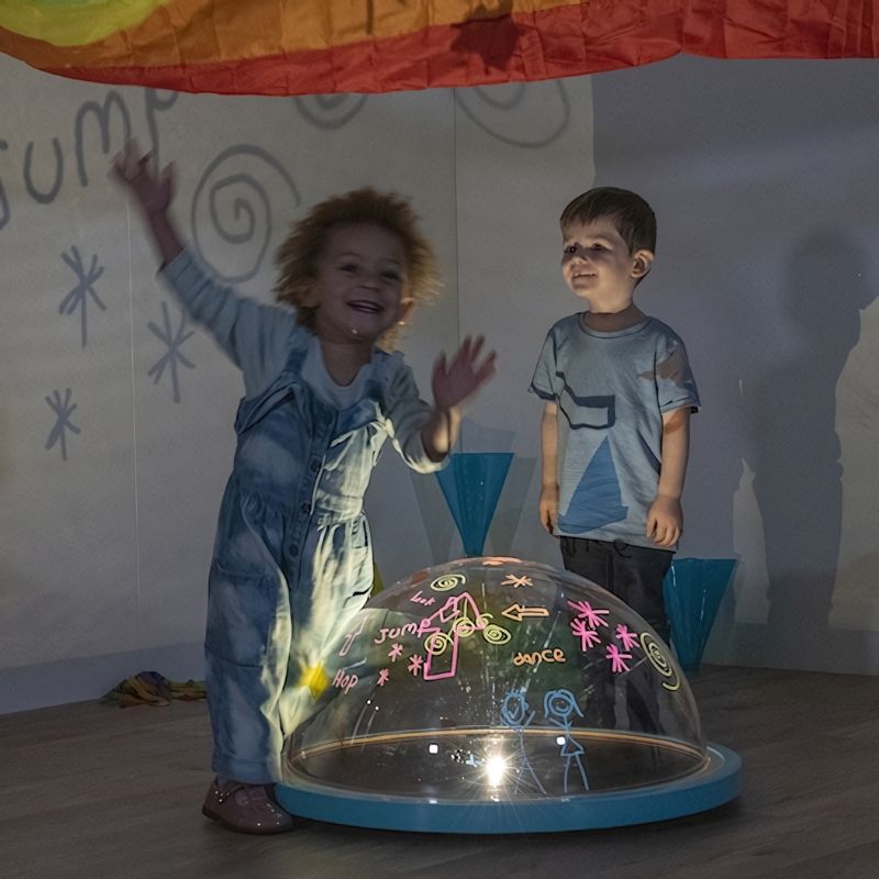 TTS Immersive Projector used for collaborative sensory and STEAM learning with children standing around the dome
