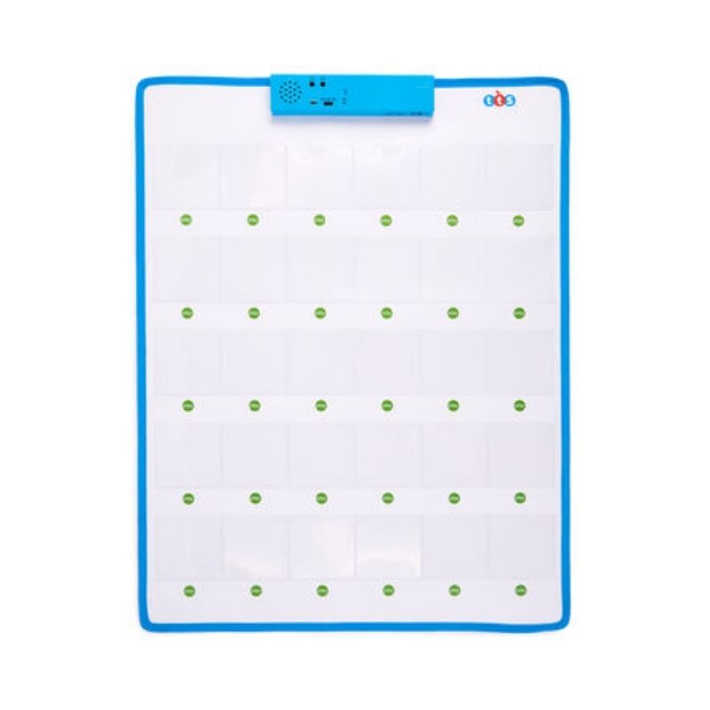 TTS Interactive Talking Mat showing all 30 recordable pockets and the blue recording unit, a classroom communication tool for spoken language development