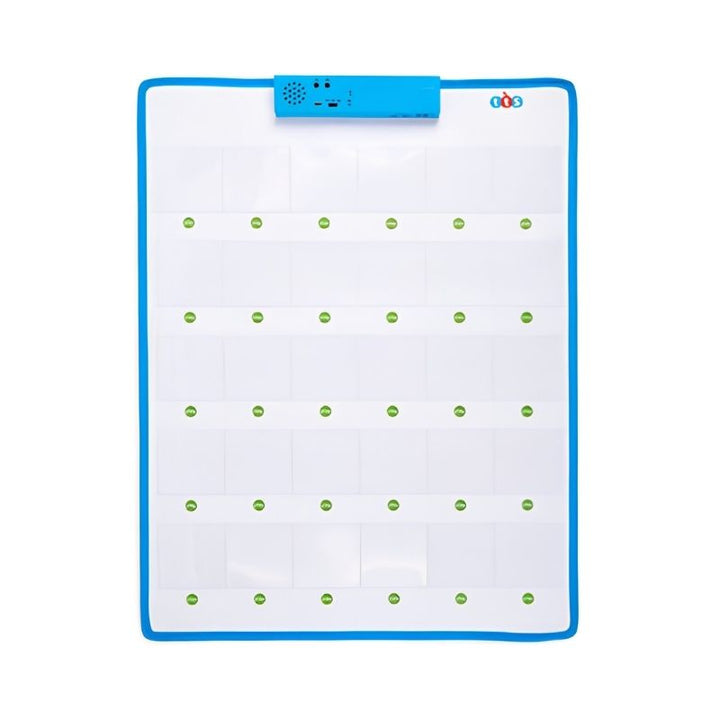 TTS Interactive Talking Mat showing all 30 clear pockets with green play buttons and blue audio recording unit, a classroom communication and speaking tool
