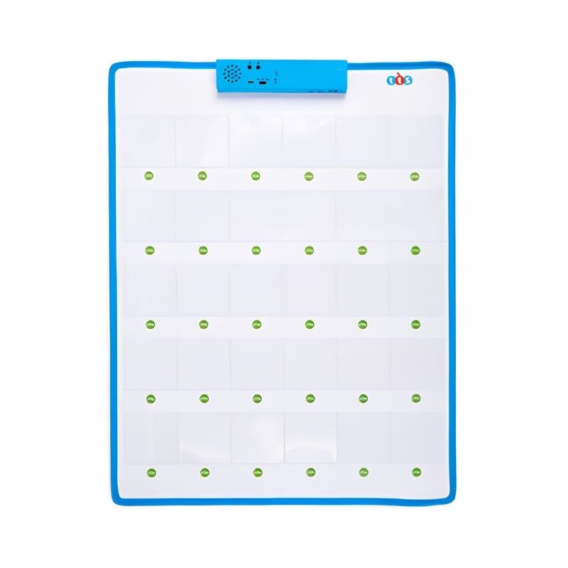 TTS Interactive Talking Mat showing all 30 clear pockets with green play buttons and blue audio recording unit, a classroom communication and speaking tool