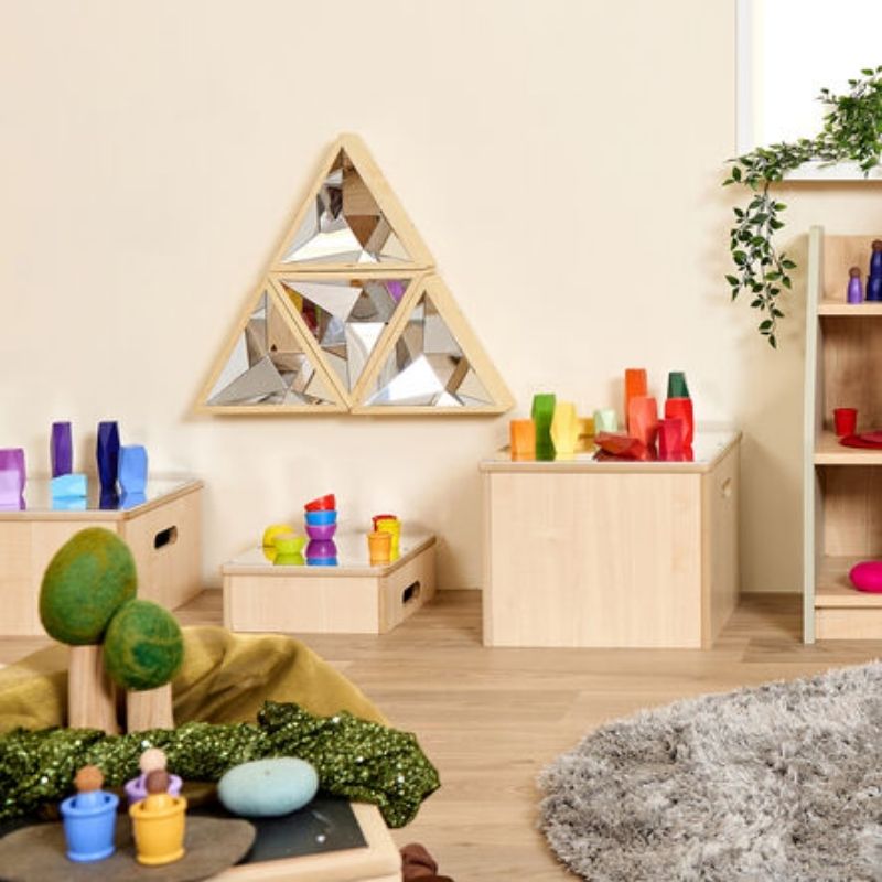 TTS Kaleidoscope Mirror set displayed in a sensory room, showing the four faceted mirrors mounted on a wall for visual sensory exploration