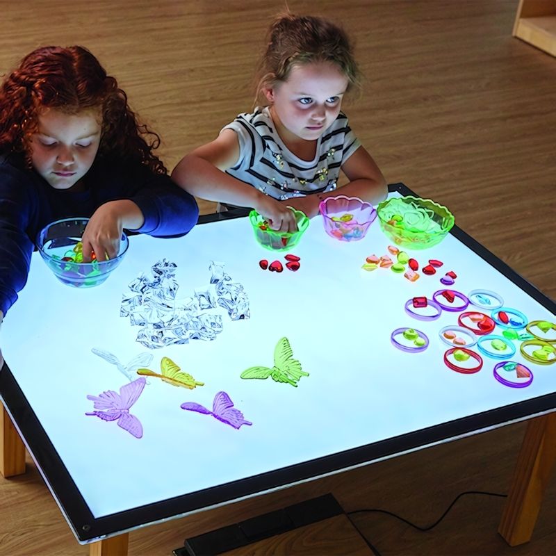 Top view of the TTS Ultra-Bright LED Light Panel with children engaged in collaborative sensory learning and STEAM exploration