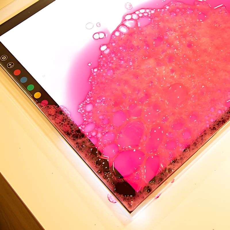 TTS Light Panel Messy Play Cover in use with pink bubble sensory material, demonstrating wet play capability while protecting the light panel surface