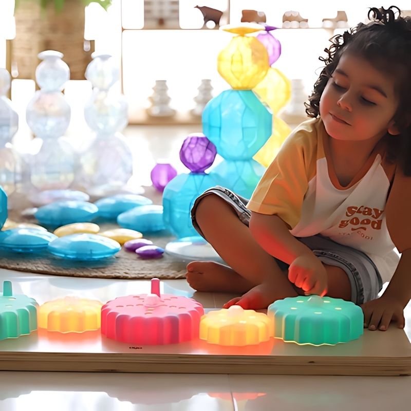 Young child seated and engaged with the TTS Light Up Cog Board, a screen-free sensory STEM toy for ages 10 months to 5 years