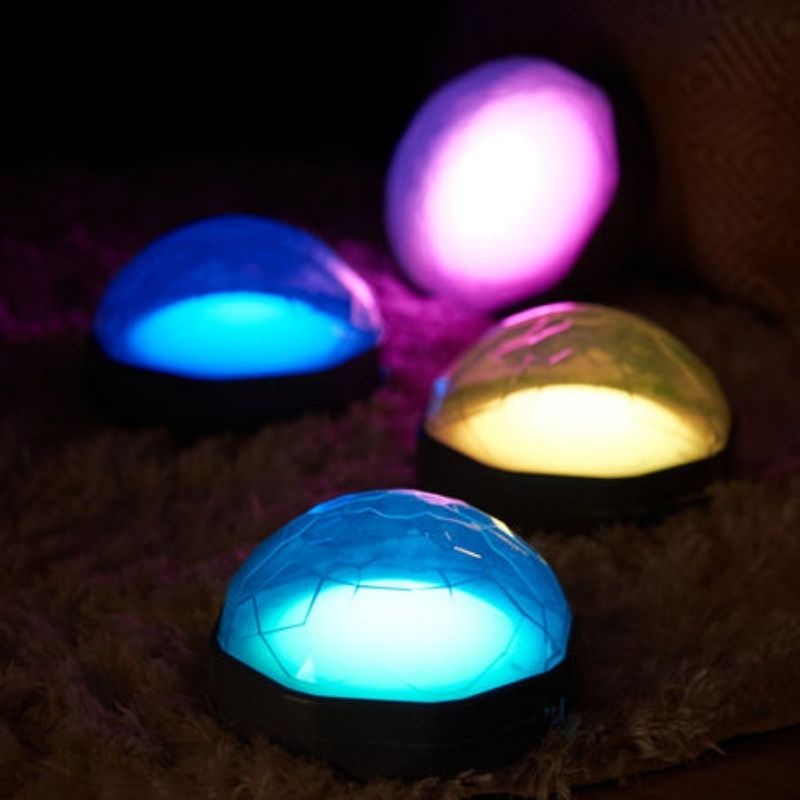TTS Light Up Recordable Domes 4pk showing all four domes illuminated in different colours, demonstrating the 7-colour LED sequencing feature