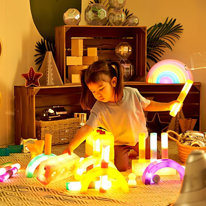 Child playing with TTS rechargeable glow cylinders on a mat, exploring colour and cause-and-effect through hands-on sensory play