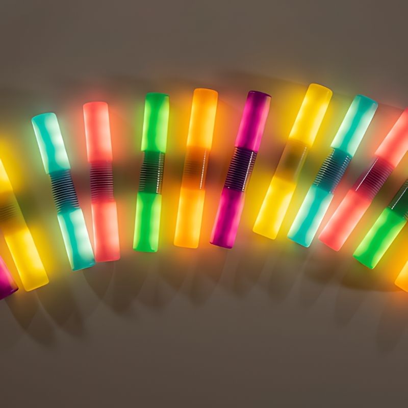 Top-down view of TTS rechargeable glow cylinders showing the full set of 12 in six colours, laid out for sorting and colour exploration activities