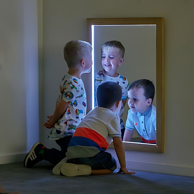 TTS Light Up Rectangle Mirror with illuminated acrylic frame, a wall-mounted sensory mirror for visual exploration and emotional regulation in sensory rooms and classrooms