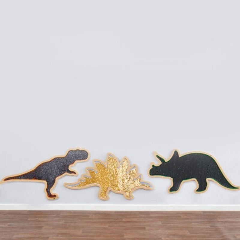 All three TTS Mark Making Sequin Giant Dinosaur boards displayed together - Tyrannosaurus, Stegosaurus, and Triceratops sequin sensory wall panels