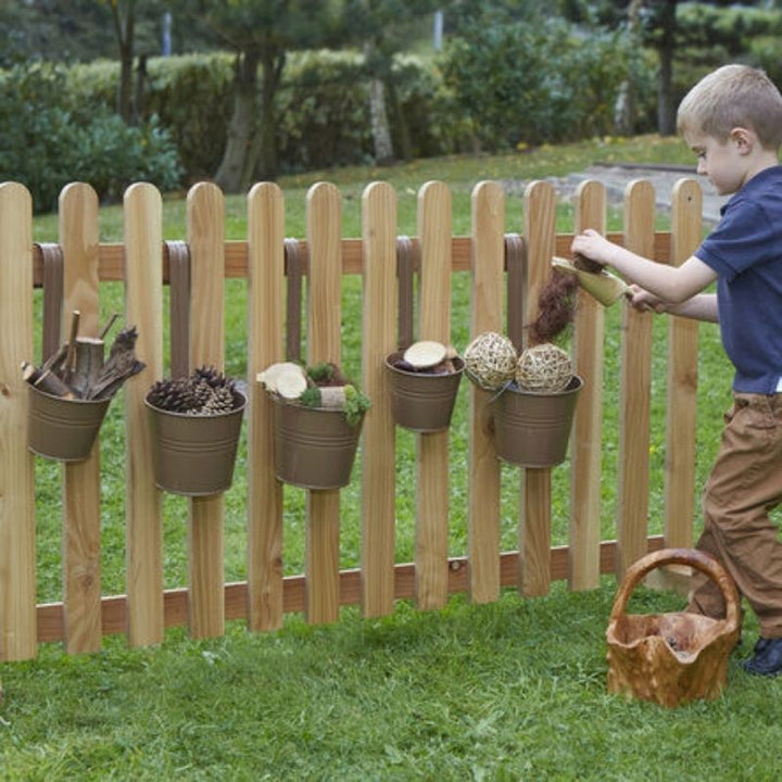 Close-up detail of TTS Metal Messy Play Set pieces showing smooth edges, extra-hard powder-coated finish, and durable zinc construction for safe early years sensory play