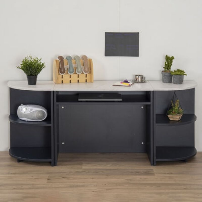 Front view of the TTS Modern Living Kitchen Island Set in navy, showing the full unit with open curved shelving on both ends, central cabinet, and marble effect worktop