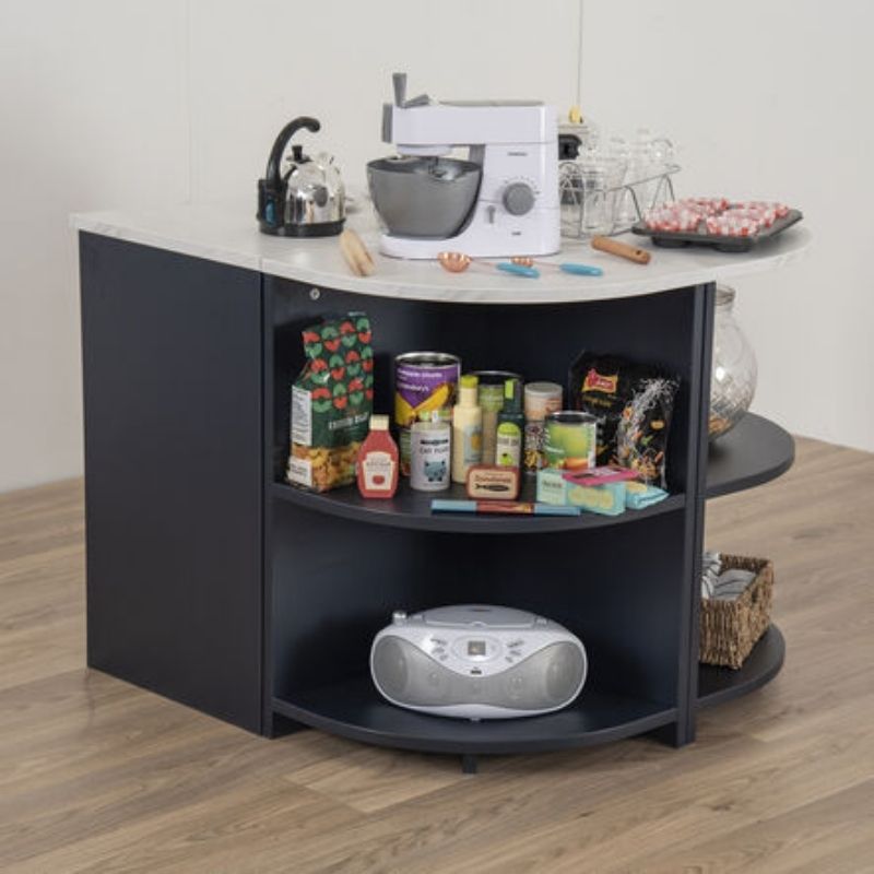 TTS Modern Living Kitchen Island Set in navy, showing open lower shelving stocked with role play groceries and a marble effect worktop set with play kitchen accessories