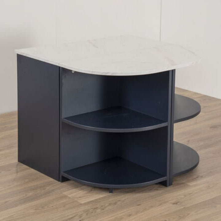 TTS Modern Living Kitchen Island Set showing the curved tiered open shelving from the rear angle and the marble effect worktop surface used for role play kitchen storage