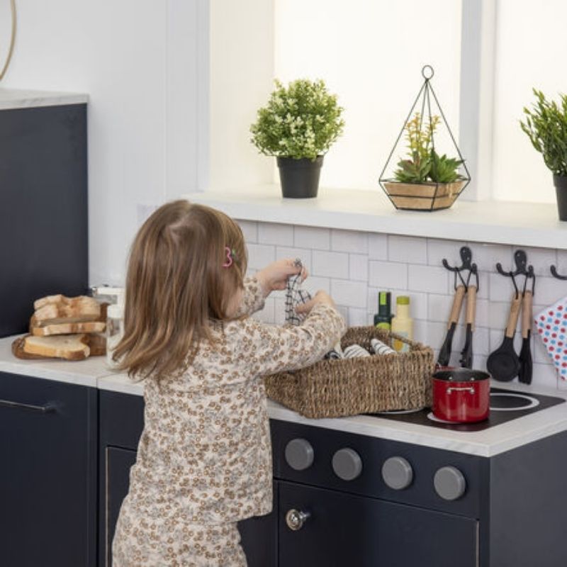 TTS Modern Living Sink and Hob Unit navy shown in landscape view, displaying the full width of the combined sink and hob pretend play kitchen unit