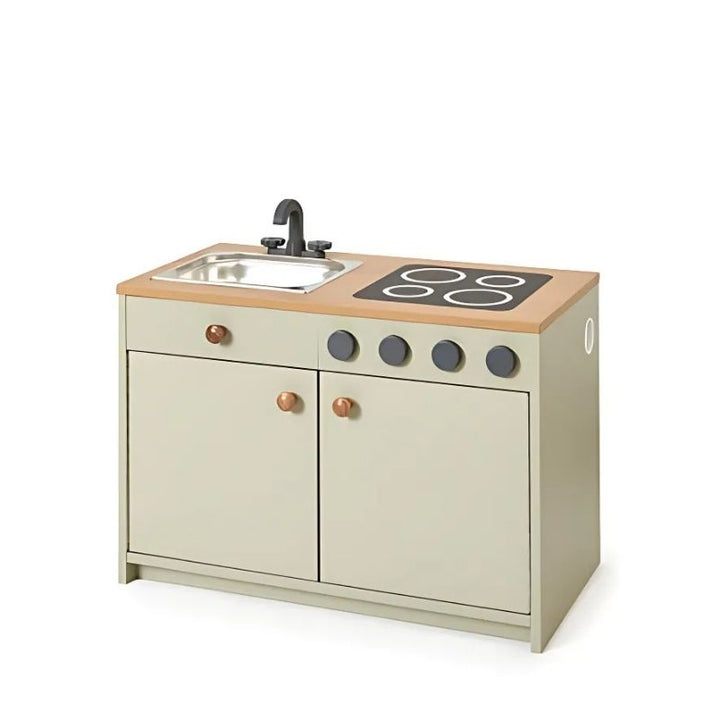 TTS Modern Living Sink and Hob Unit in Sage, a role play kitchen unit for early years classrooms and home corners featuring a metal sink with turning taps and a modern hob with controls