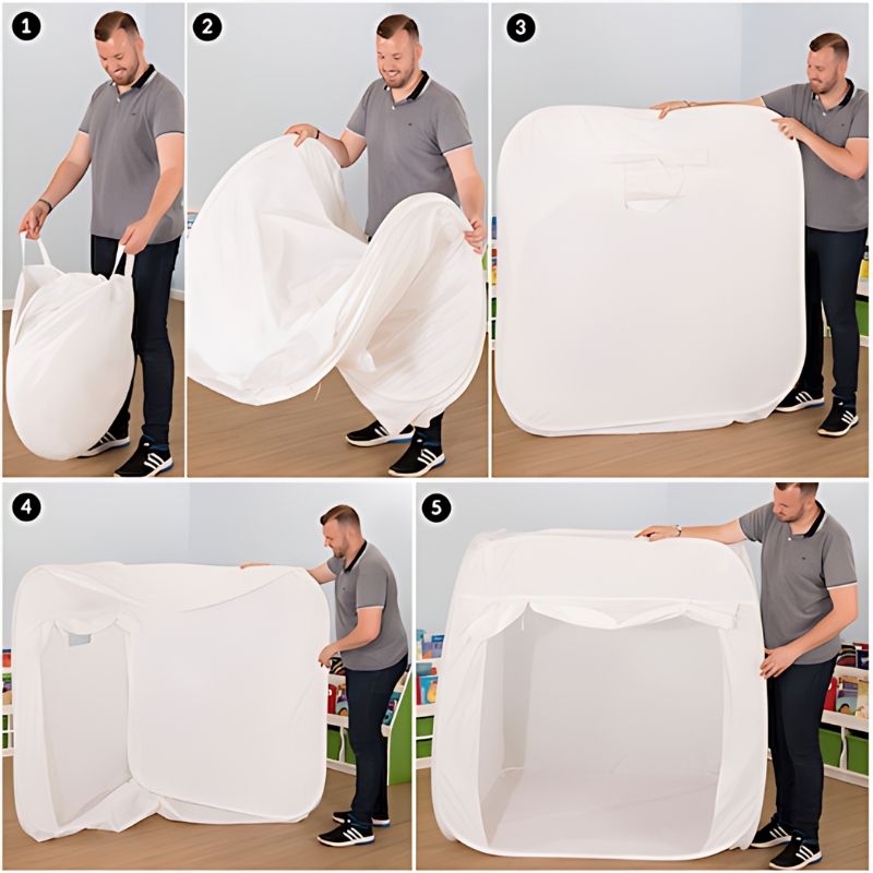 TTS Pop-Up Sensory Space step-by-step assembly guide showing how the portable sensory den sets up in minutes