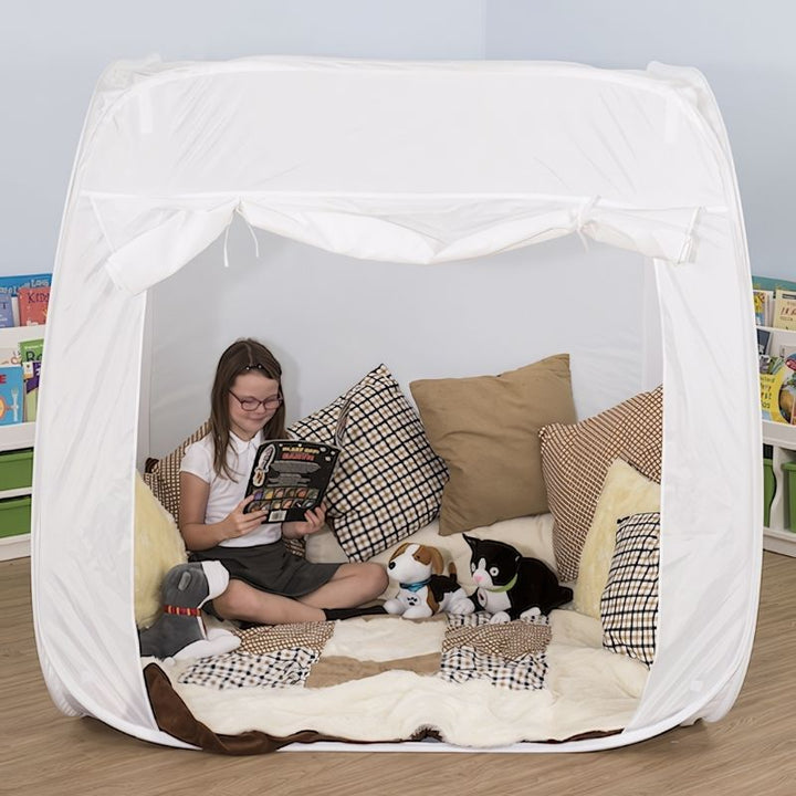 TTS Pop-Up Sensory Space in white with a child engaged in sensory play, portable sensory den for schools and therapy
