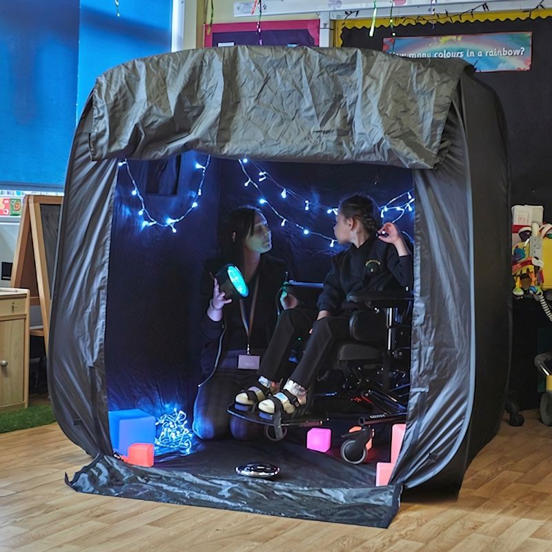 TTS Pop-Up Sensory Space in use during collaborative sensory activity, suitable for therapy rooms and inclusive classrooms