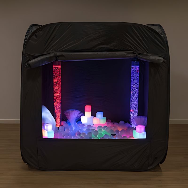 TTS Pop-Up Sensory Space exterior view in black, portable calm corner den for sensory rooms and classrooms