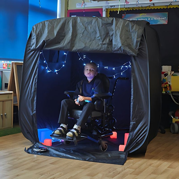 TTS Pop-Up Sensory Space showing wide entrance and flush-to-floor frame for wheelchair accessible sensory exploration