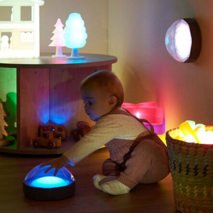TTS Recordable Domes 4pk lit in multiple colours during a sensory learning activity, illustrating the cause-and-effect LED response