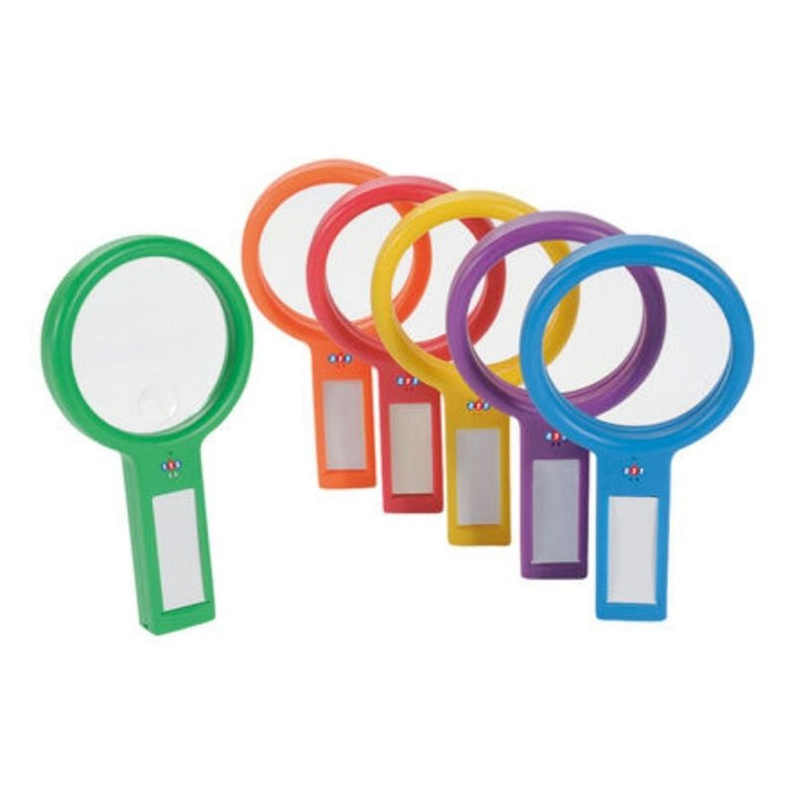TTS Recordable Plastic Magnifying Glasses 6pk laid out together, showing the full set of colourful dual lens voice recorder magnifiers for classroom science