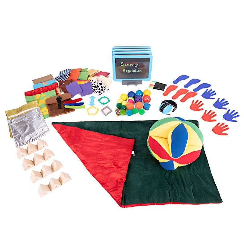 TTS Sensory Self-Regulation Collection laid out showing the full 106-piece set of weighted fidgets, tactile sensory tools, sound prisms and classroom resources