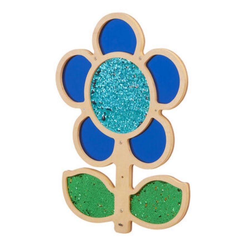 TTS blue Mark Making Sequin Daisy Frame showing reversible sequin surface and reflective mirror petals - tactile sensory wall panel for sensory rooms and schools